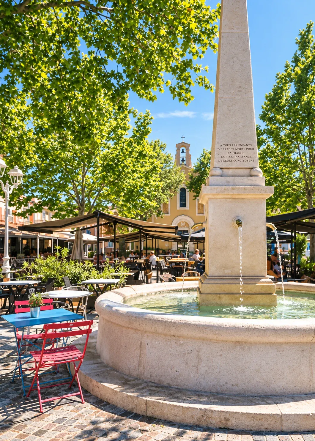 centre-ville-le-pradet-a-300m-camping-l-hermitage Place du centre-ville du Pradet avec sa fontaine, son obélisque et ses terrasses de cafés à l'ombre des platanes, à 300 mètres du Camping L'Hermitage